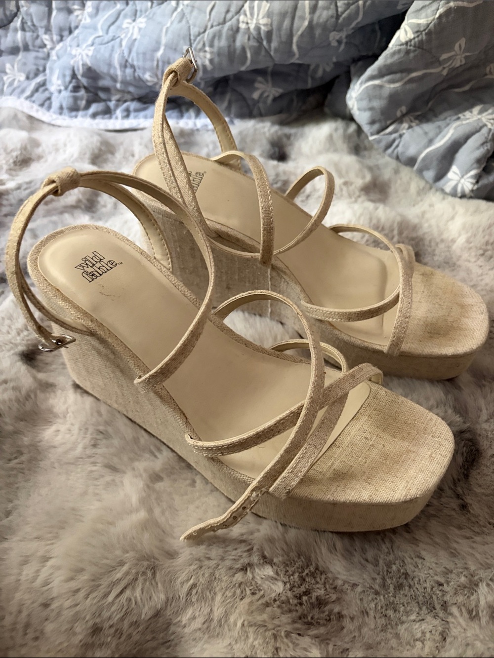 Wild Fable Beige Linen Wedge Sandals - Strappy Platform Heels